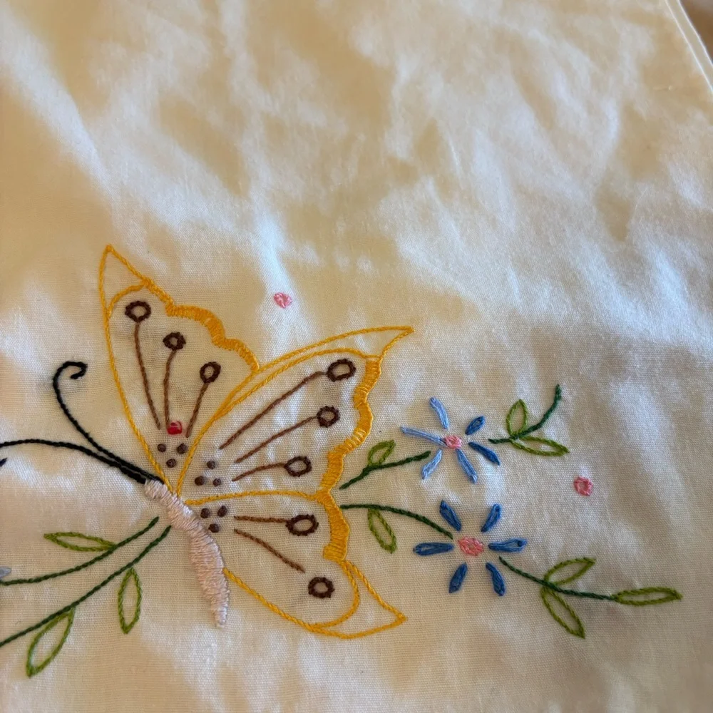 Vintage White and Blue Hand Embroidered Pillowcases Butterflies Set of 2